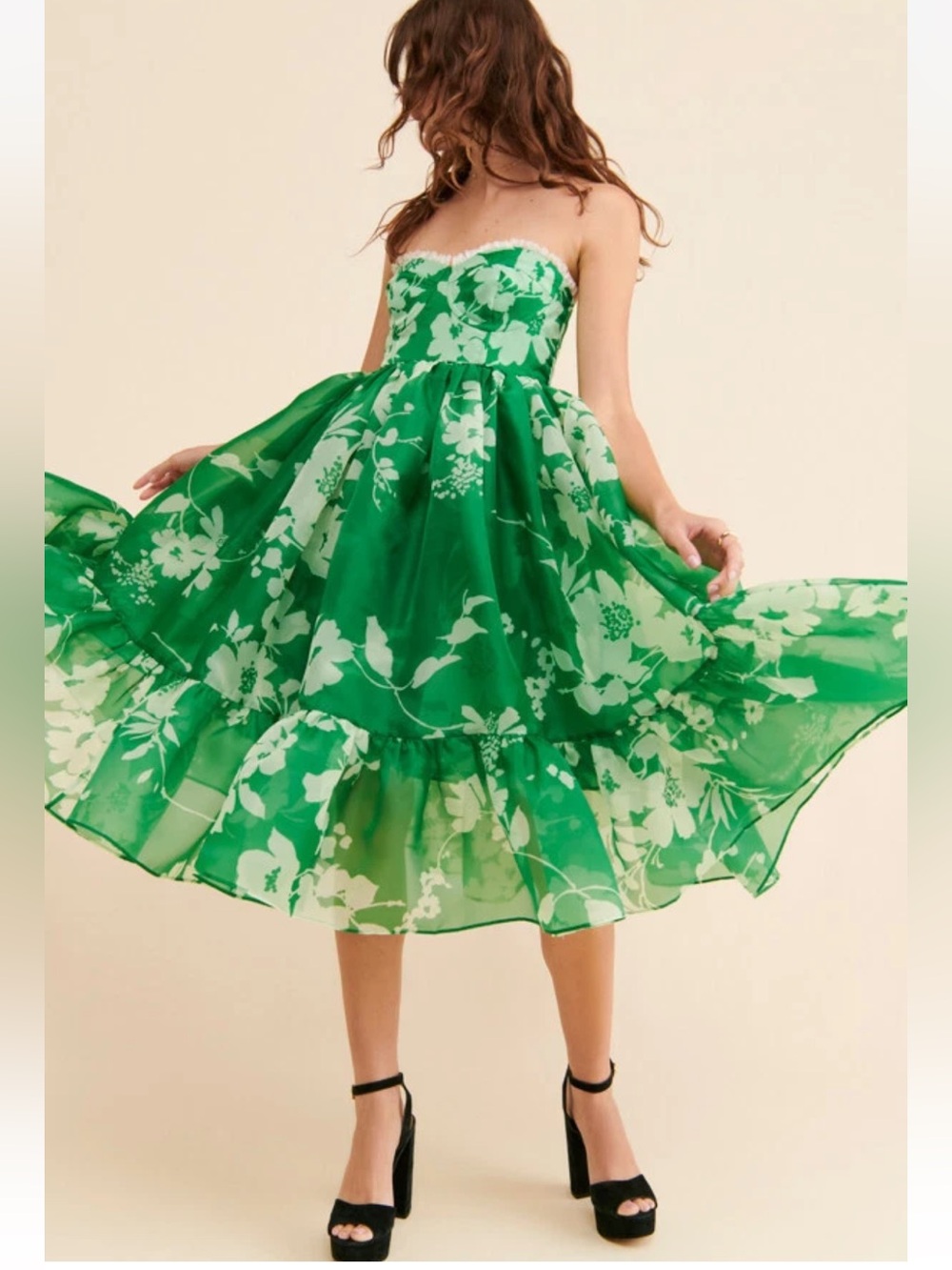 NWT Anthropologie Selkie Floral Corset
Puff Hem Green Tea Party Dress